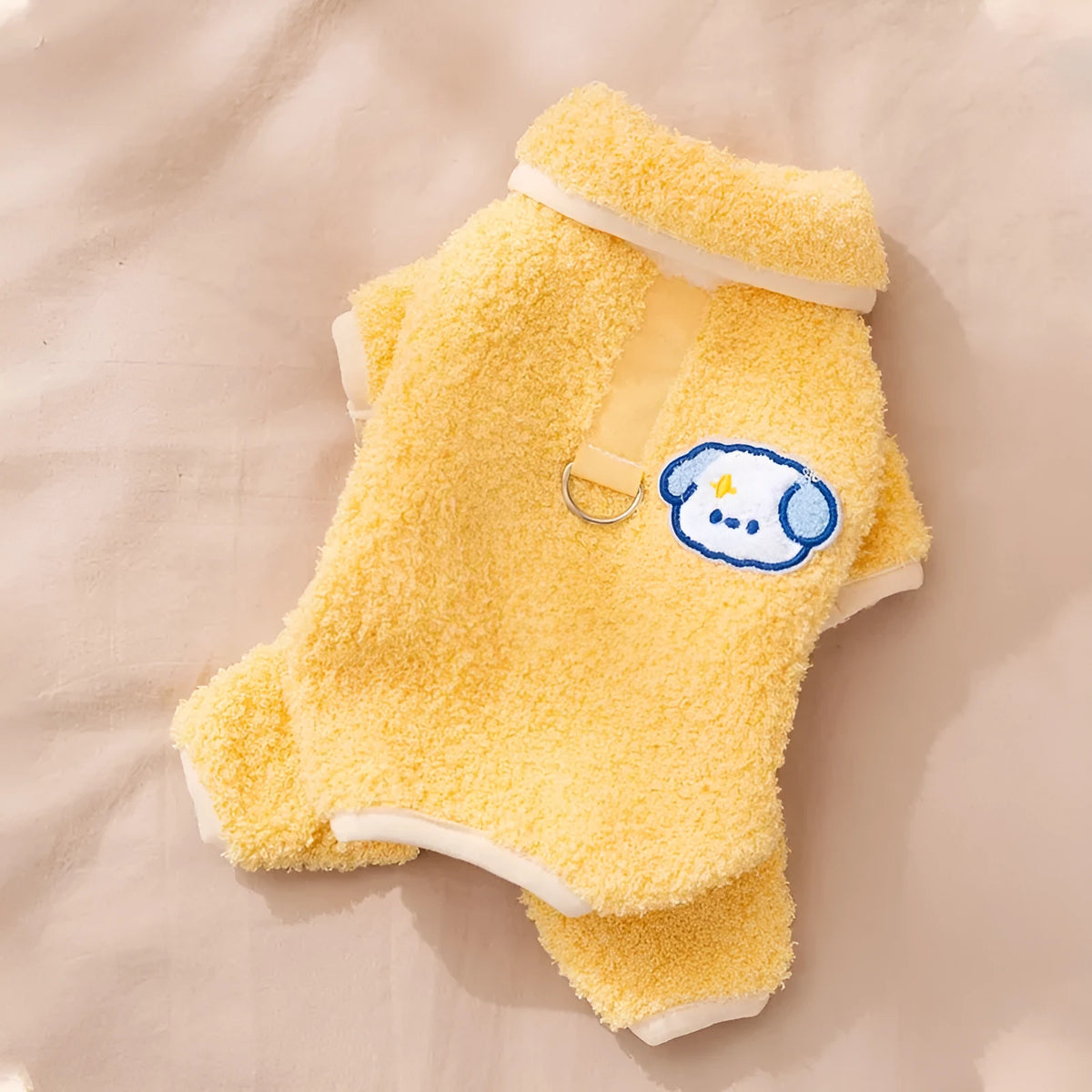 Yellow thick plush dog pyjama one-piece suit with cartoon work-clothes design and lapel collar for puppies and cats