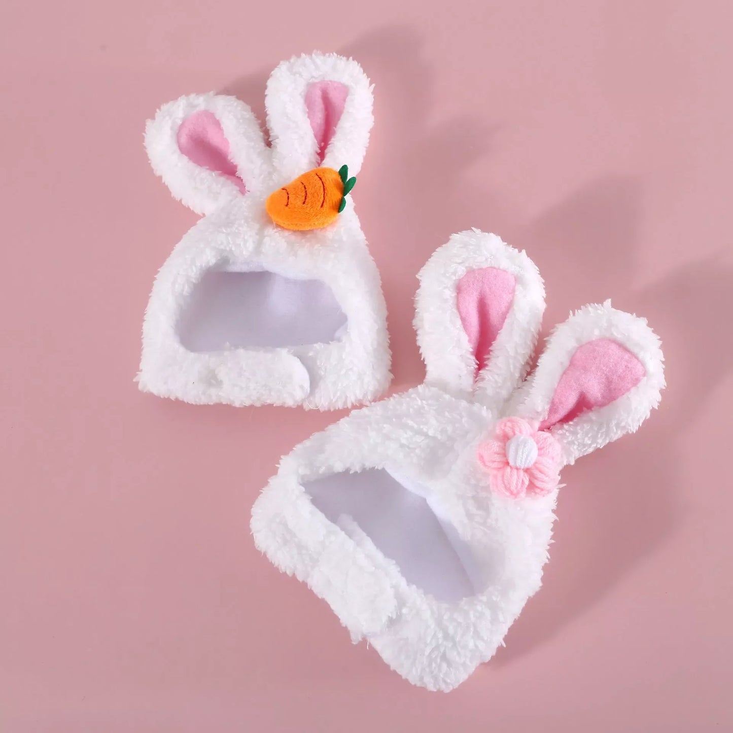 Plush cartoon pet ears hat for cats and dogs, available in flower and carrot rabbit designs