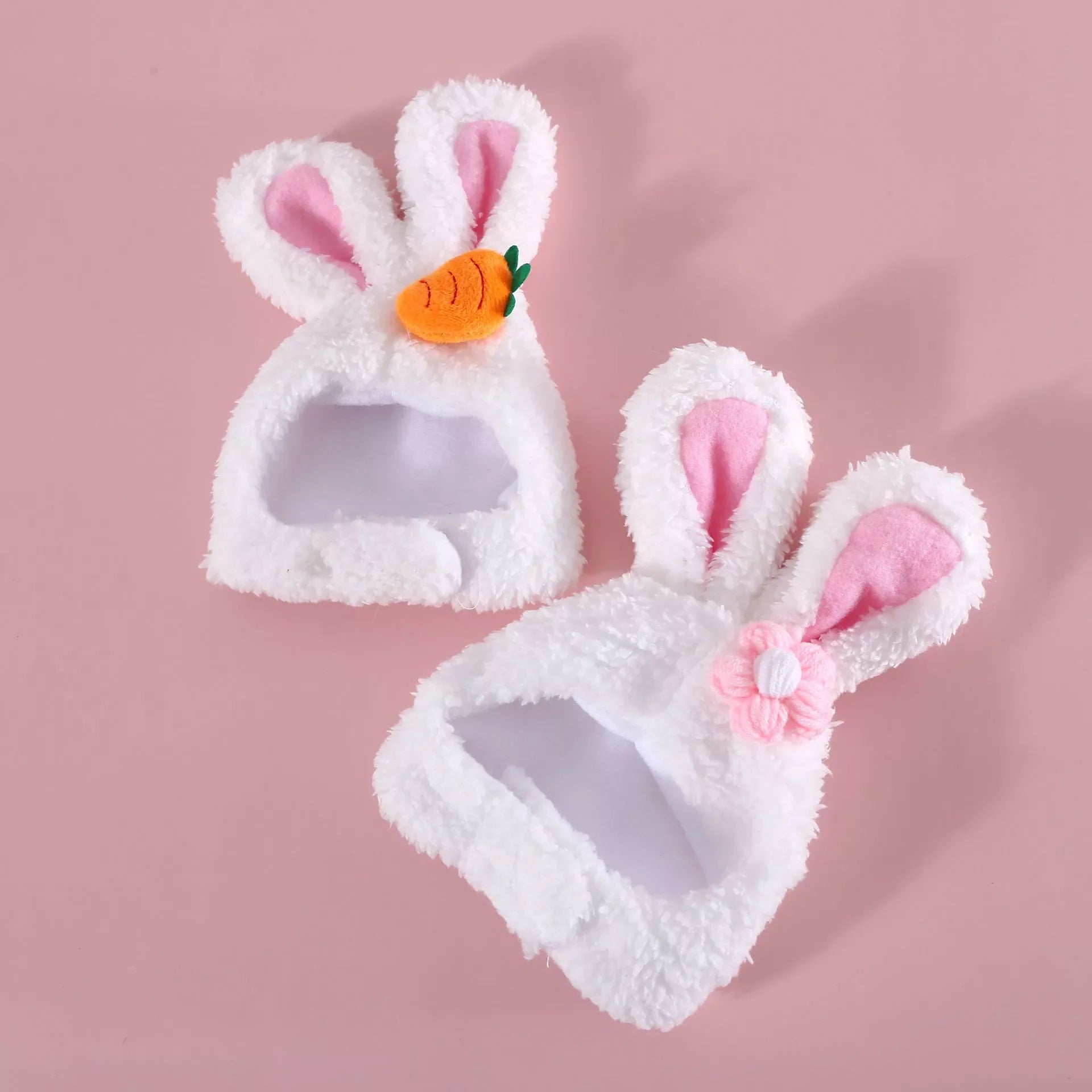 Plush cartoon pet ears hat for cats and dogs, available in flower and carrot rabbit designs
