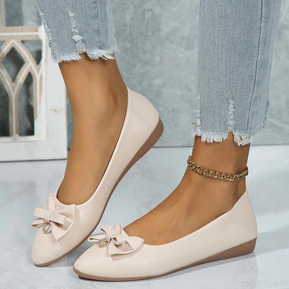 Women's beige flat casual slip-on shoes with bowknot detail and shallow mouth design