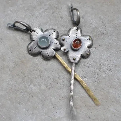 Geometric retro flower earrings with two-tone asymmetrical colour finish on alloy metal