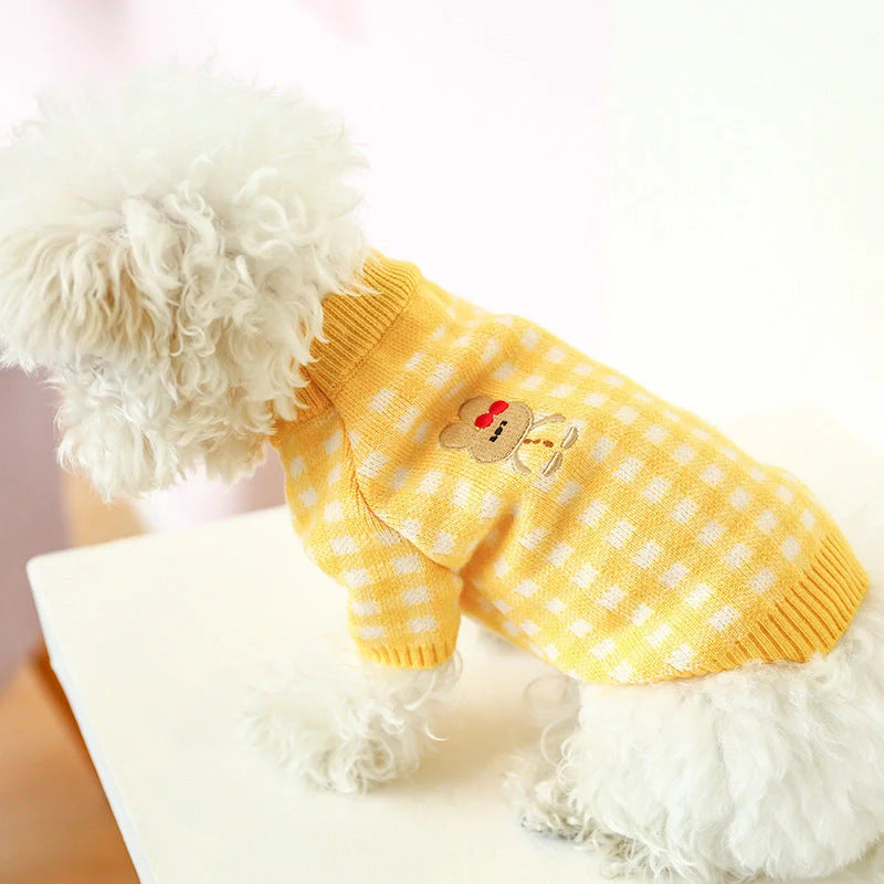 Bowknot hollow knit dog sweater in various colors and patterns