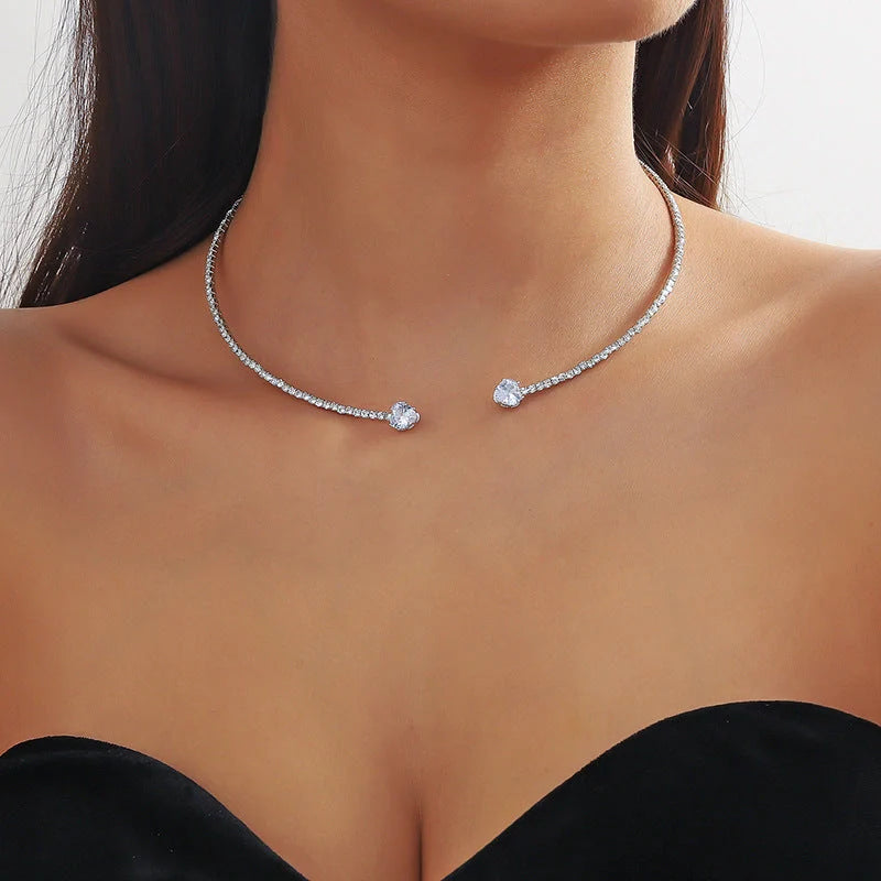 Silver Rhinestone Heart Collar Choker Necklace for Women with pearl chain