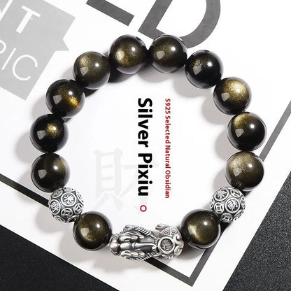 Men's geometric obsidian bracelet in polished sterling silver, shown in 12mm width size.