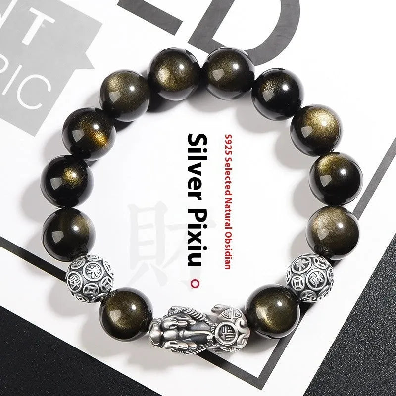 Men's Obsidian Bracelet in 999 Sterling Silver with Leather Show, 10mm 12mm or 14mm Size, Natural Stone Geometry Design, Boyfriend Style Silver Brave Troops Accessory, Adjustable Polished Finish