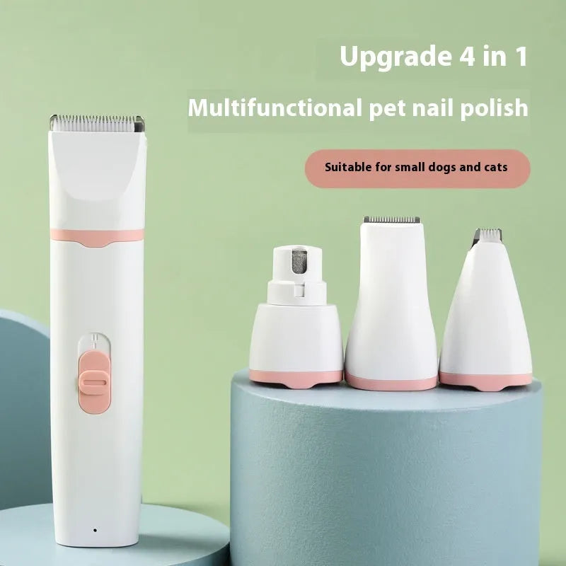 Pet shaver electric clipper suit with ABS body and white porcelain blade, shown in grey, pink, or blue set options.