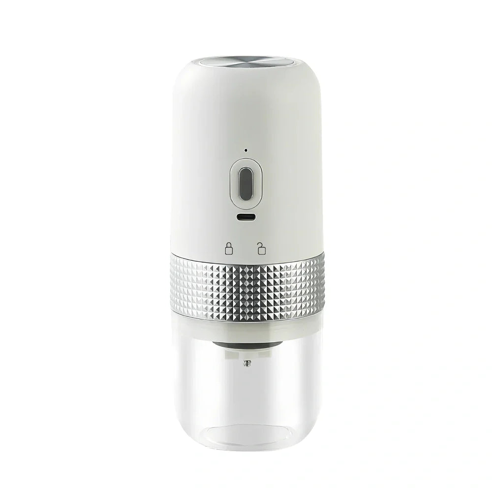 Electric coffee grinder in bright yellow, calm grey, elegant black, or elegant white with 25g bean capacity and TYPE-C charging port