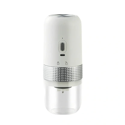 Electric coffee grinder in bright yellow, calm grey, elegant black, or elegant white with 25g bean capacity and TYPE-C charging port