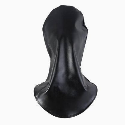 Black leather BDSM mask with lace front panel and adjustable head harness straps