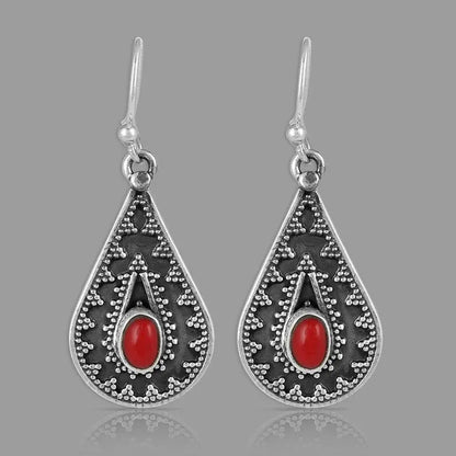 Silver drop earrings with red pine gemstone decorations in European and American national style