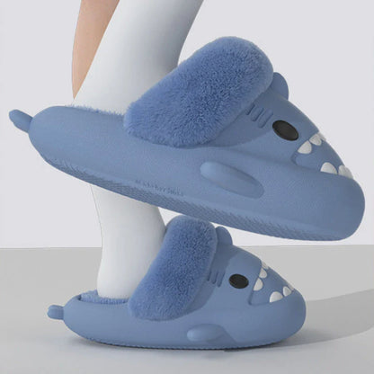 Cozy and stylish shark-themed house slippers with a plush, fuzzy upper and a durable, non-slip sole