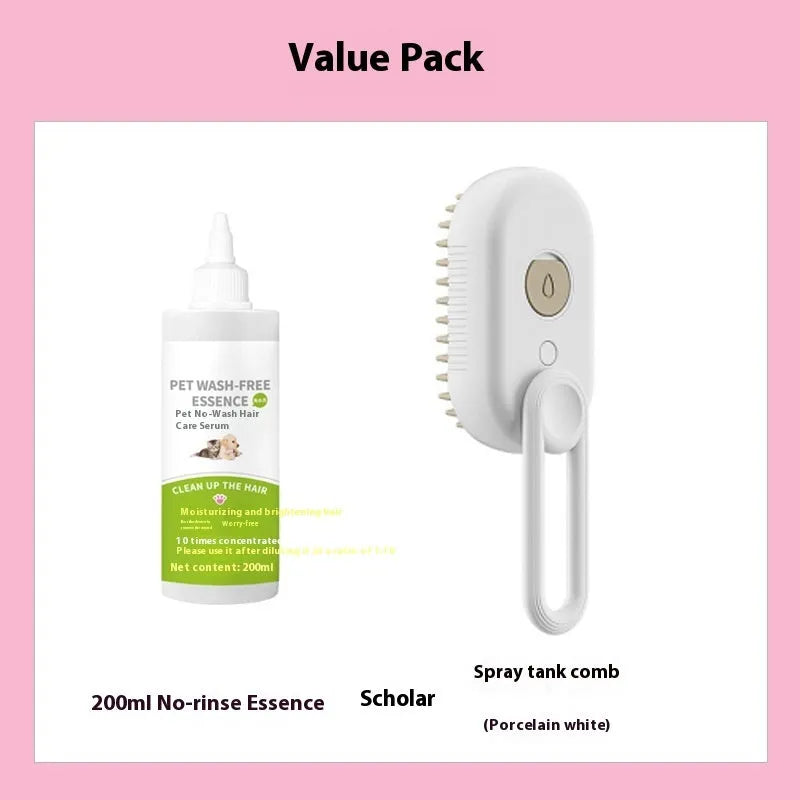 Dog grooming spray bottle and massaging comb kit on a white background.