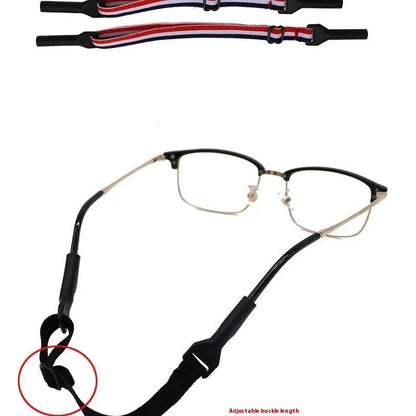 Black adjustable glasses cord strap with silicone earpiece tips shown in adult and children's styles