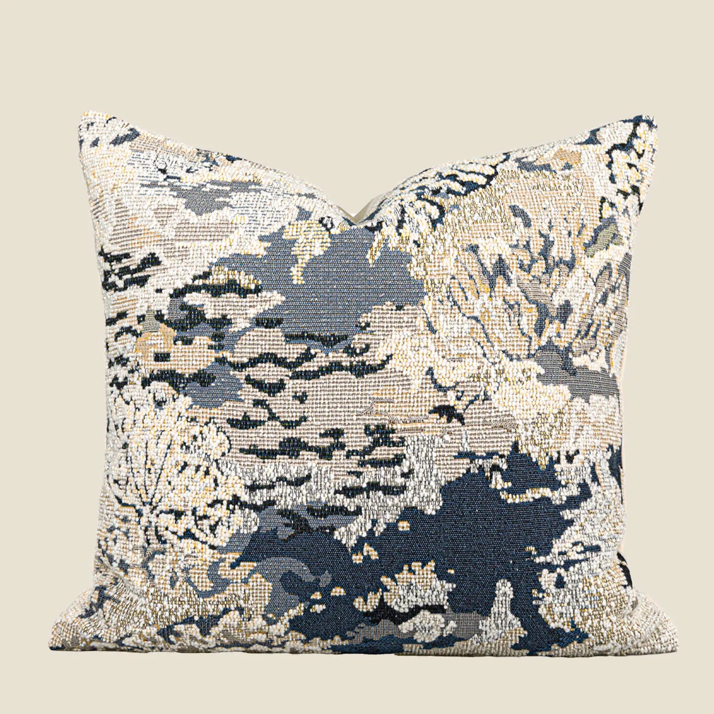 Square decorative cushion with botanical pattern in antique blue, wool blend fabric, feather velvet filler