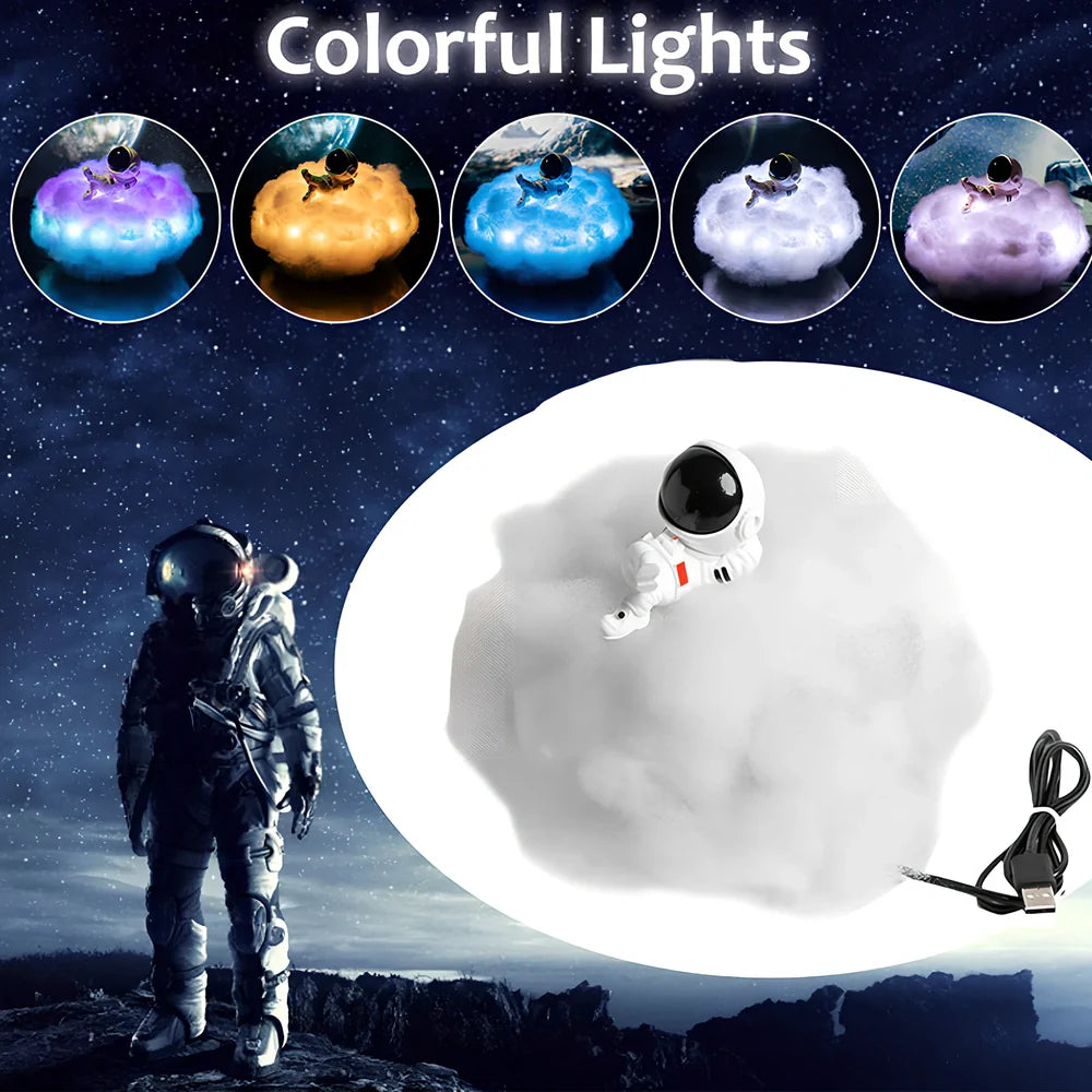 LED colourful clouds astronaut lamp with rainbow effect on wooden stand