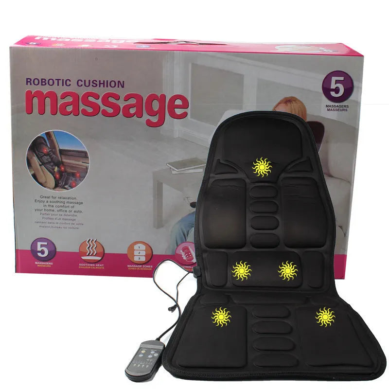 Black heating massage mat with infrared function and a seat cushion on a floor