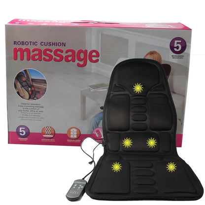 Black heating massage mat with infrared function and a seat cushion on a floor