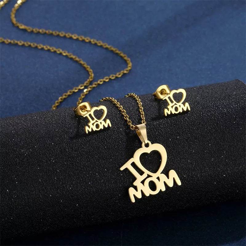 Stainless steel I Love Mom heart pendant necklace and earrings set in gold