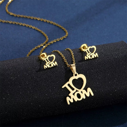 Stainless steel I Love Mom heart pendant necklace and earrings set in gold
