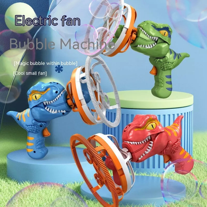 Dinosaur-shaped bubble machine for kids with red, blue, and green options