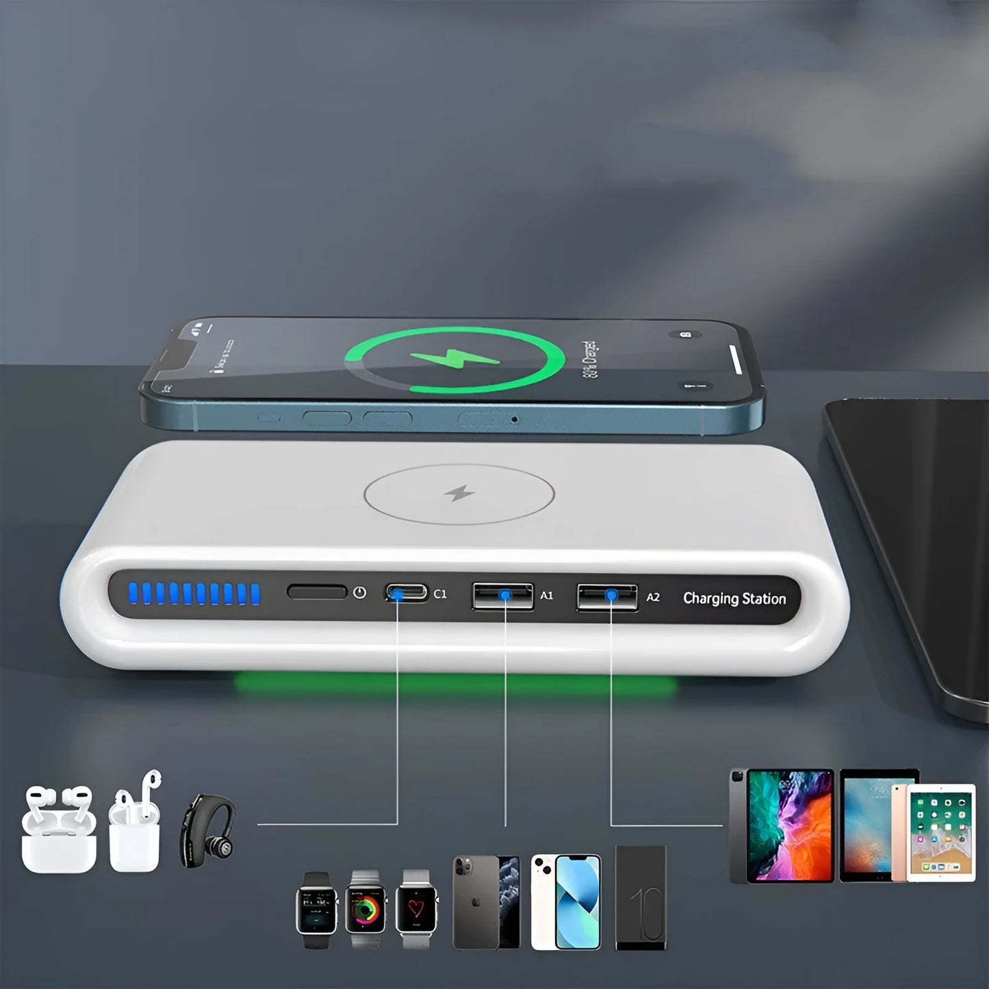 White desktop wireless charger with 15W fast charging and 8-colour atmosphere lamp on a wooden desk