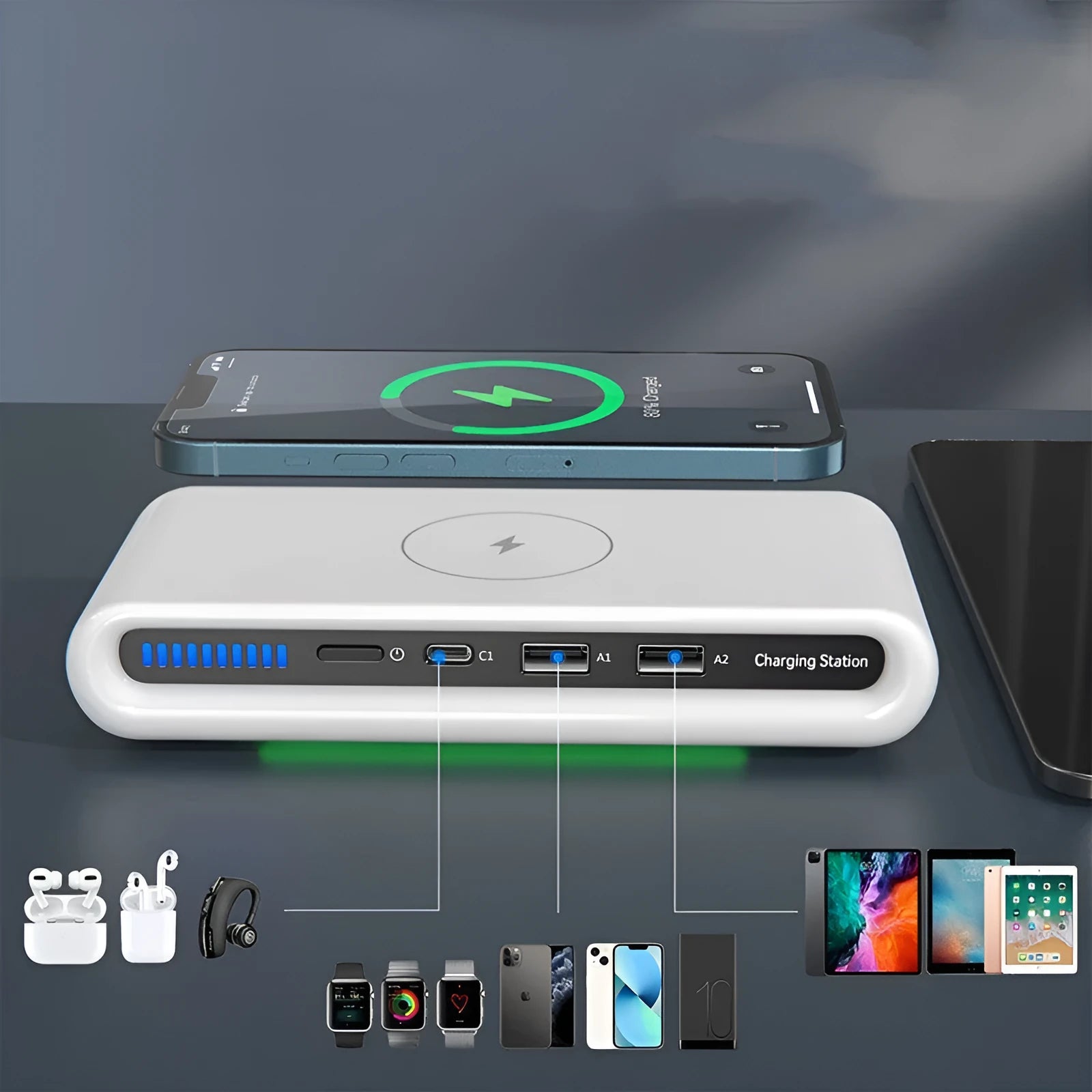 White desktop wireless charger with 15W fast charging and 8-colour atmosphere lamp on a wooden desk