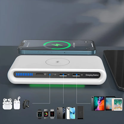 White desktop wireless charger with 15W fast charging and 8-colour atmosphere lamp on a wooden desk