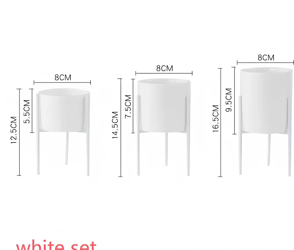 Black iron frame succulent flowerpot with white ceramic insert showing 12.5cm and 16.5cm size options
