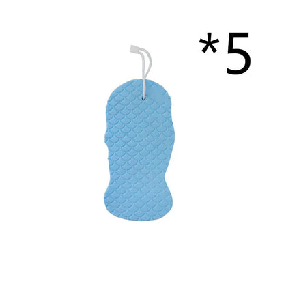 White 3D bath ball sponge with a fish scale exfoliating texture on a blue background.