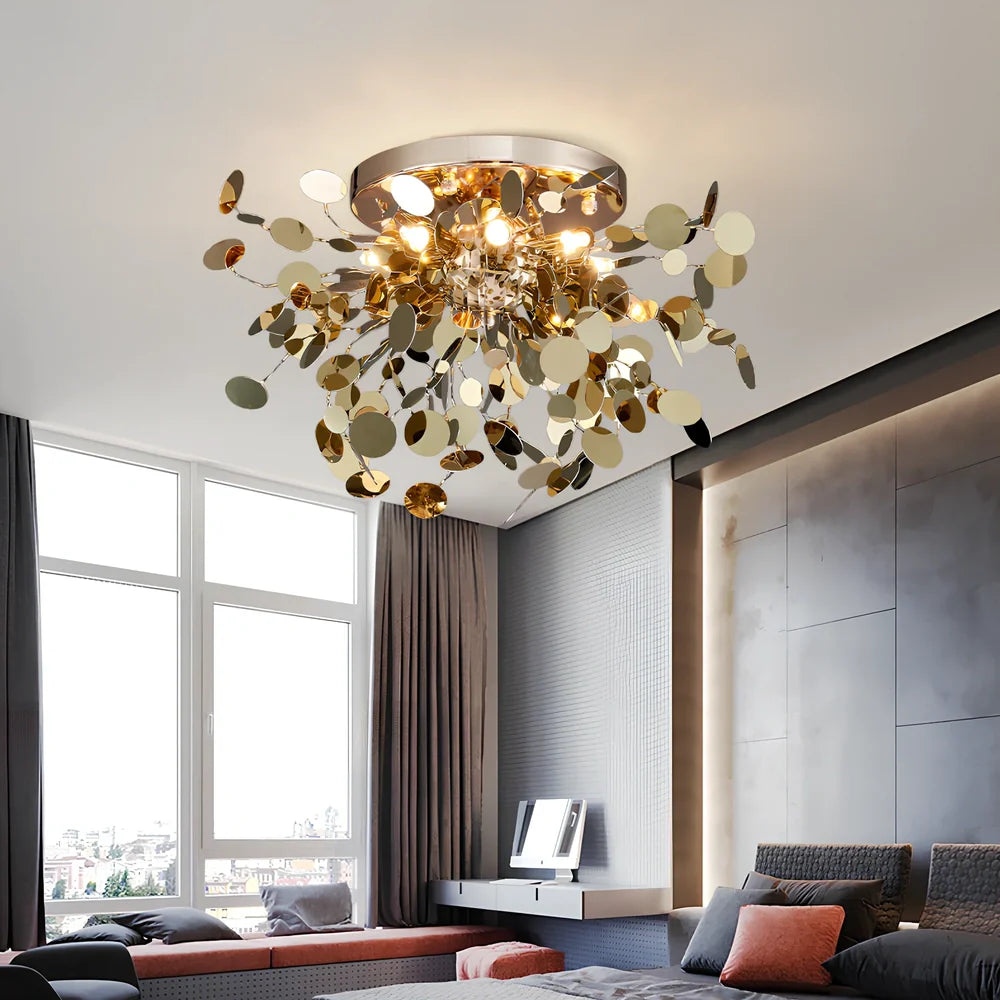 Stainless steel chandelier with eight G9 bulbs measuring 45cm height with tree blade design