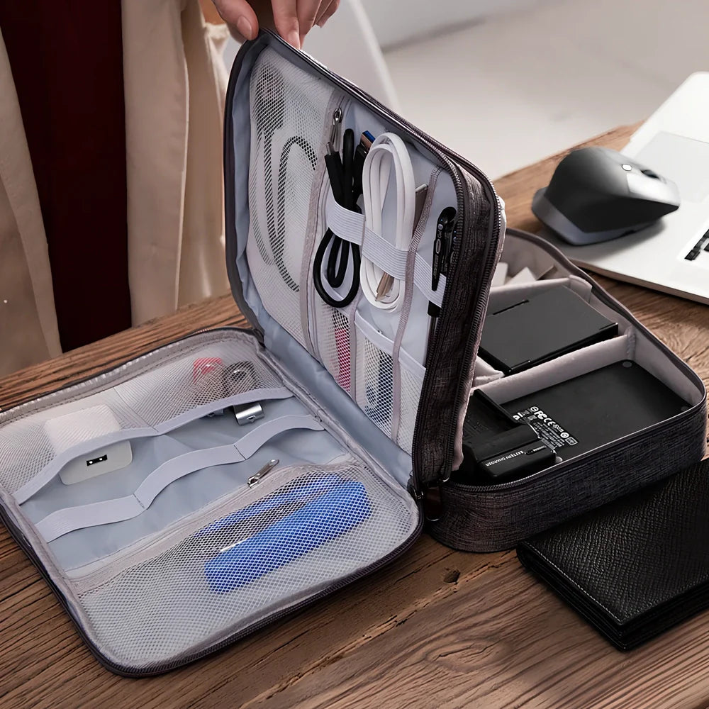 Gray waterproof electronics organiser bag open showing double-layer compartments with elastic loops and mesh pouches