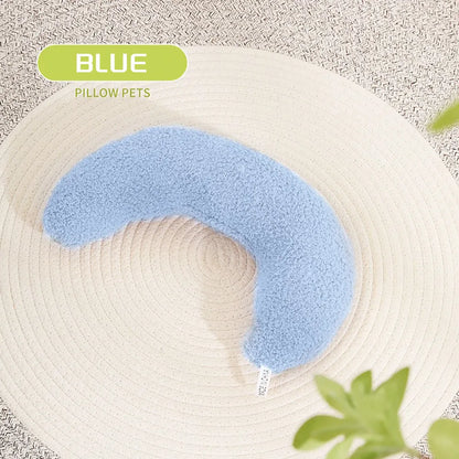 U-shaped blue cat pillow with adjustable collar for feline cervical support and comfort
