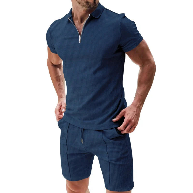 Men's waffle texture summer outfit set with zipper lapel top and drawstring shorts