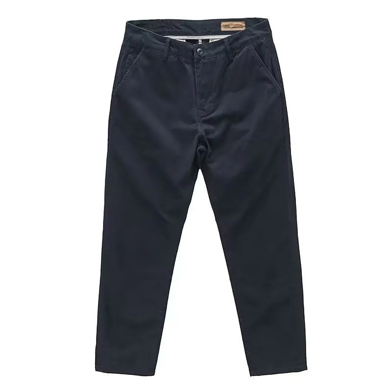 Men's slim fit casual trousers in cotton-polyester blend with straight leg, shown in multiple colour options.