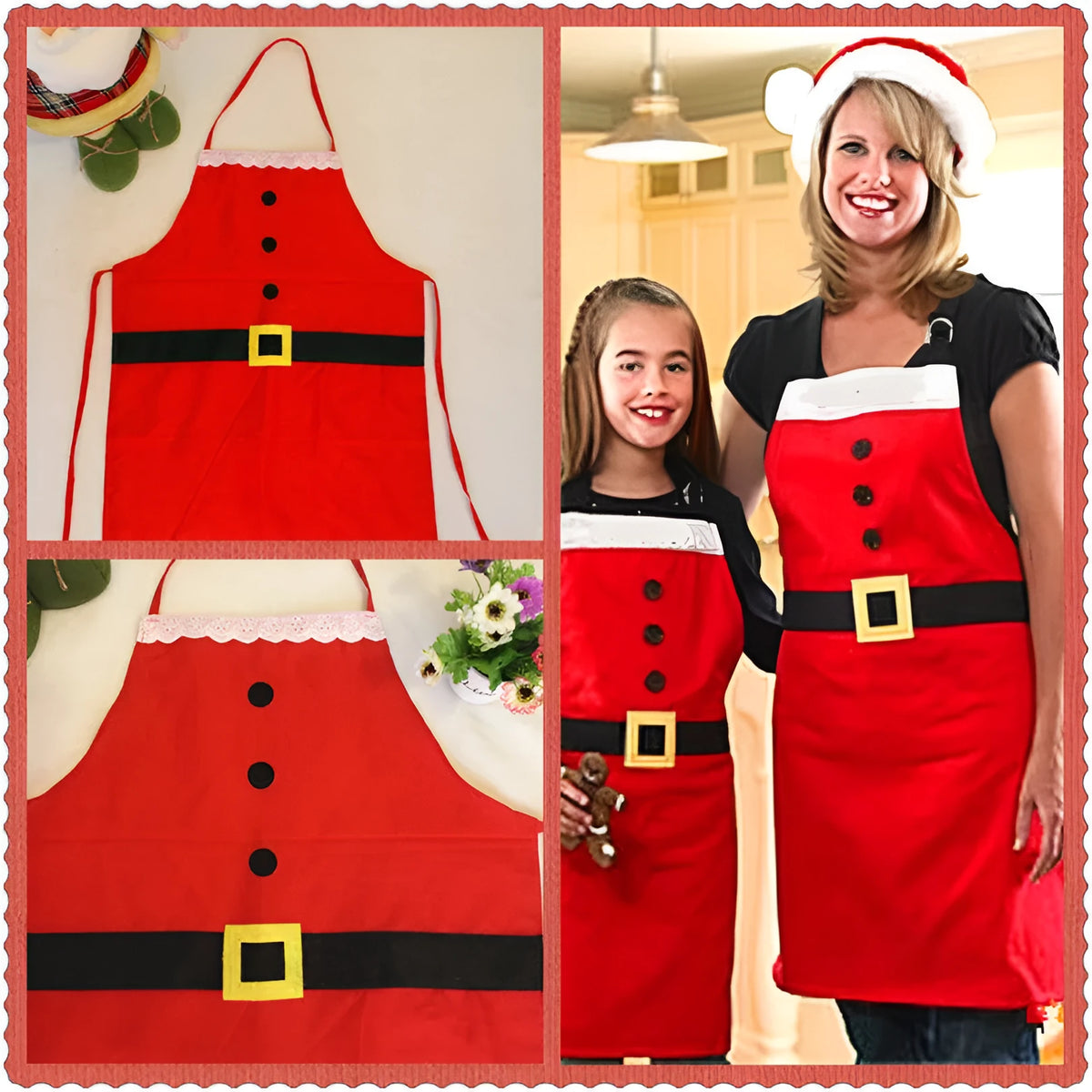 Red Christmas apron with Merry Christmas text available in adult and children's sizes