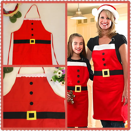 Red Christmas apron with Merry Christmas text available in adult and children's sizes