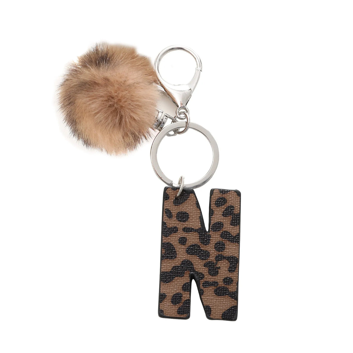 Leopard-print artificial leather keychain with oil-edged acrylic letter and included key ring, retro style