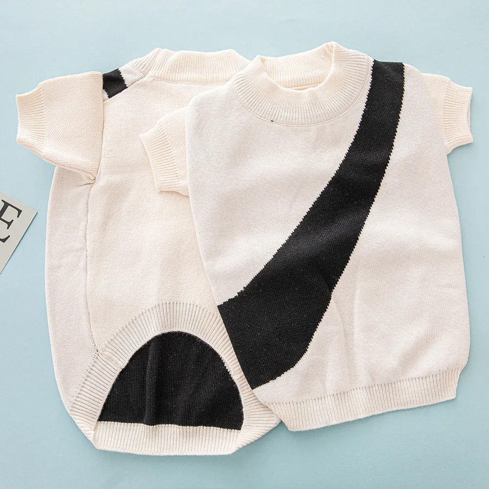 Casual wool knitted dog jumper shown in various colours including black, pink, and blue, sized for small to large breeds.