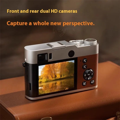 5K HD digital camera in black or brown with dual lenses, optical viewfinder, and 2.88-inch display on front