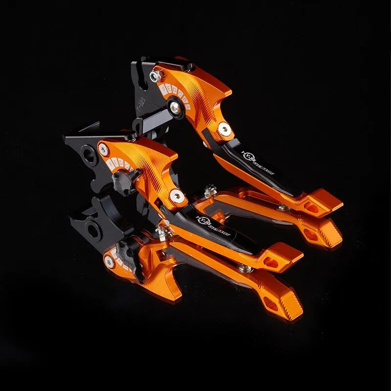 Motorcycle horn handle brake and clutch lever set in anodised metal with adjustable mechanism