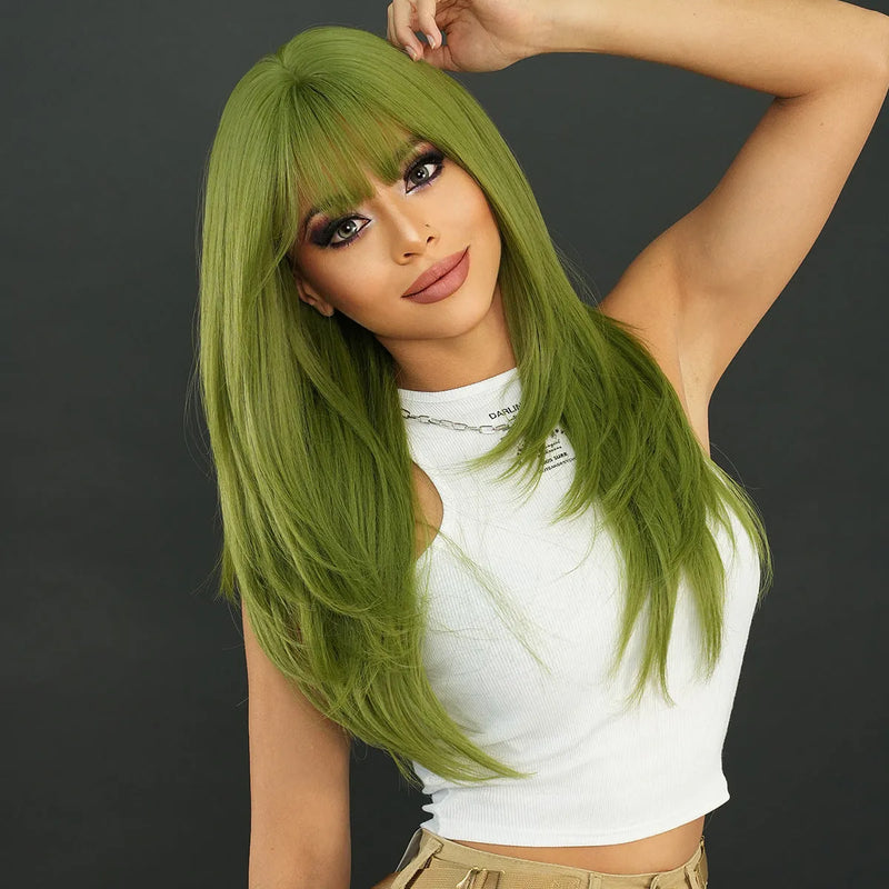 Long straight women's wig in vanilla green 63cm 24 inches, synthetic fibre construction with a fringe, for costume, cosplay, or daily style changes, packaged as one wig per order