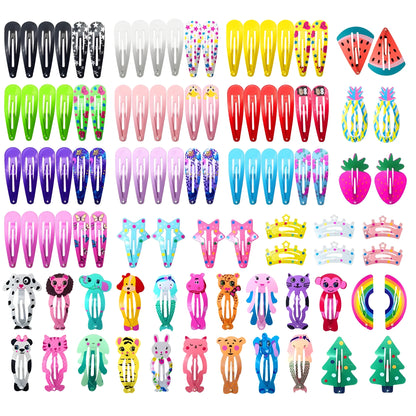 Assortment of 100 brightly coloured metal hair clips with cartoon designs of animals, fruits, crowns, stars, and drop shapes.