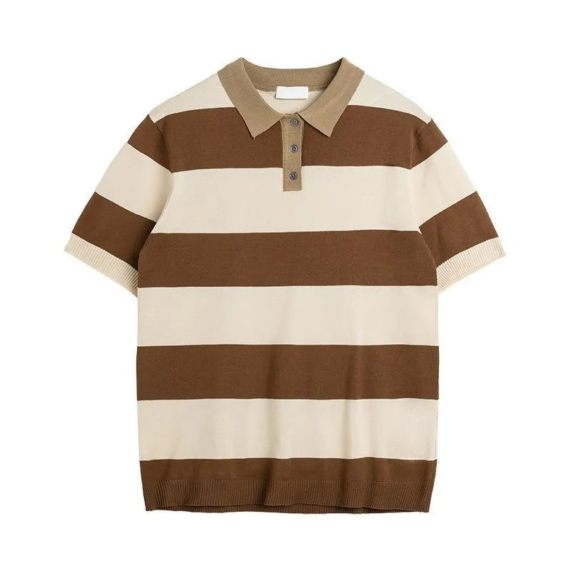Men's striped short-sleeved business T-shirt in polyester, shown in black, coffee, white, and dark grey.