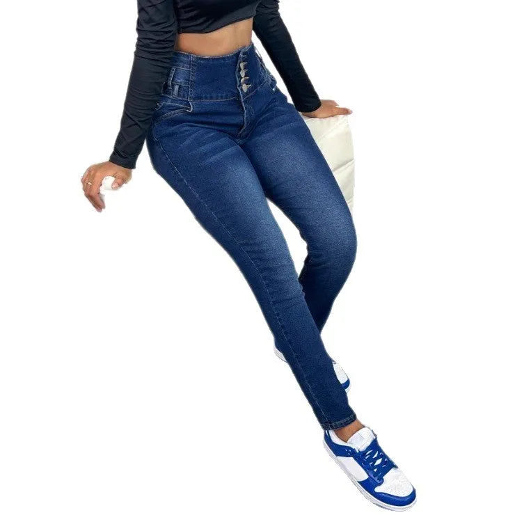 Women's dark blue straight-leg denim trousers with button details and a zipper fastening.