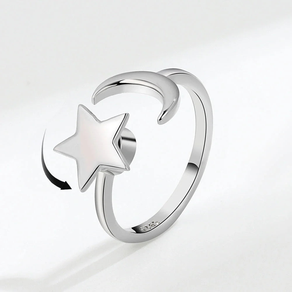 Adjustable Star-Moon Rotating Ring for Women in gold and white gold finishes