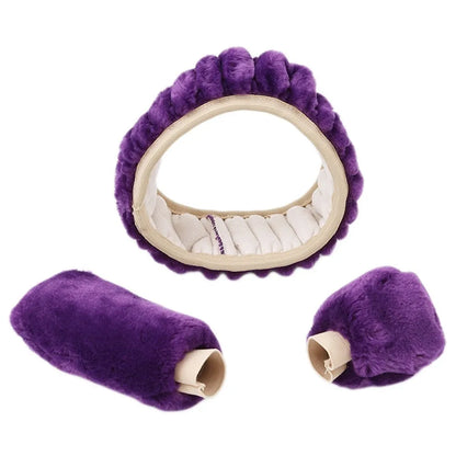 Plush winter car steering wheel cover set in six colours with matching brake and gear lever covers.