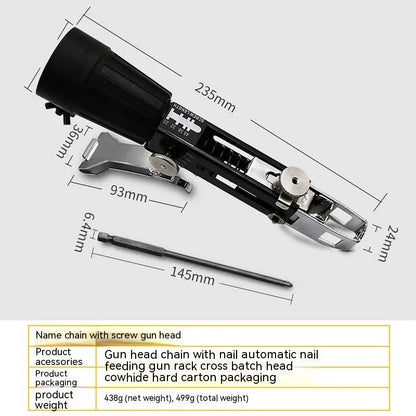 Chain screw gun head automatic nail gun attachment with stainless steel and plastic construction