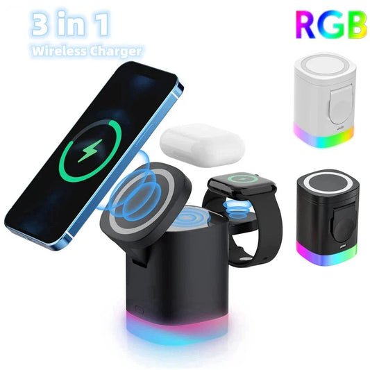 3-in-1 magnetic wireless charging station with RGB lighting for smartphones, smartwatches, and wireless earbuds