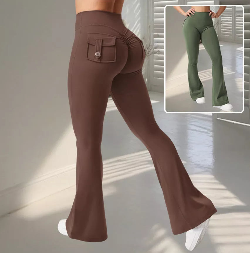 High waist flared yoga pants with pockets in black, brown, and green