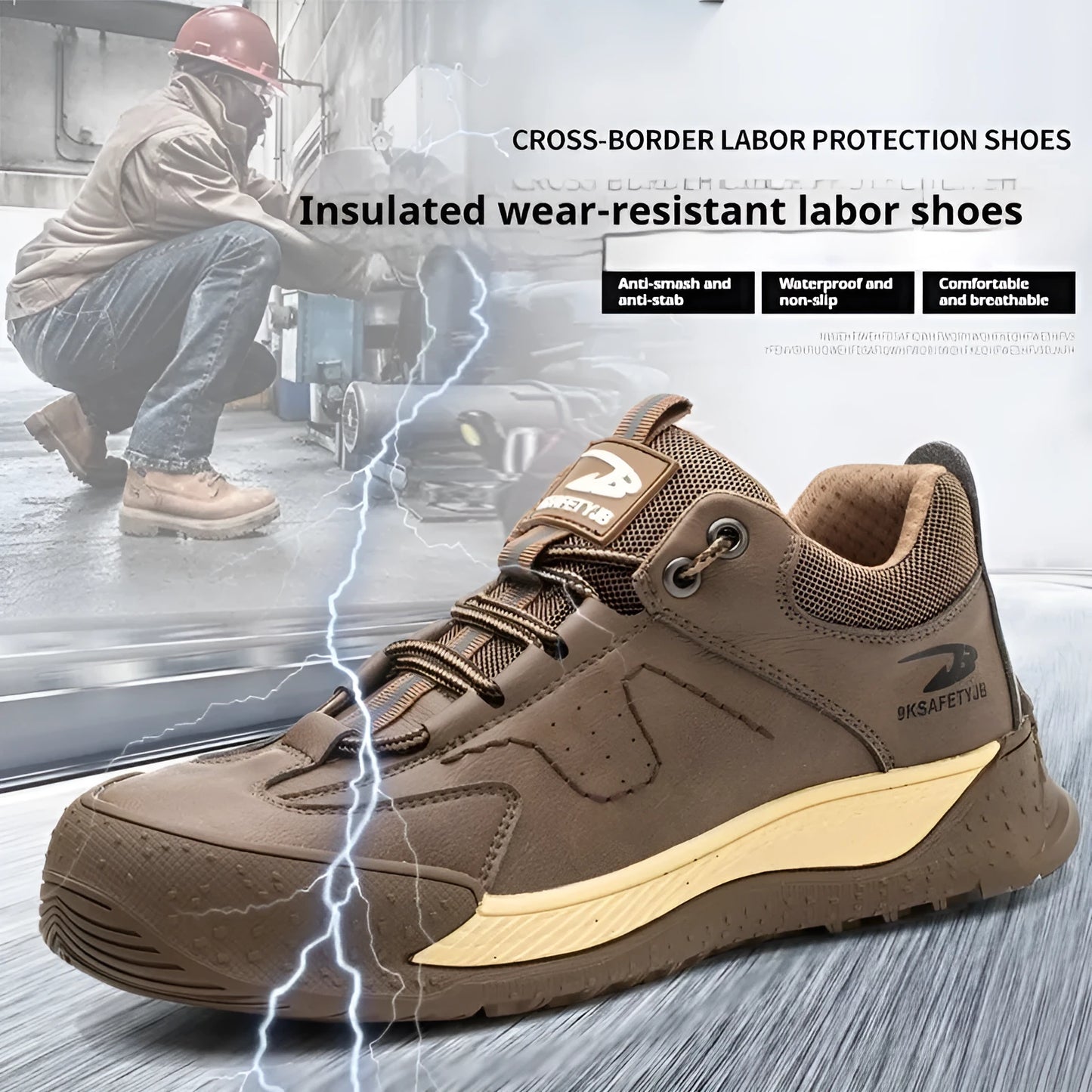 Leather Flyknit safety work shoes in black, brown, grey, or khaki with a rubber sole